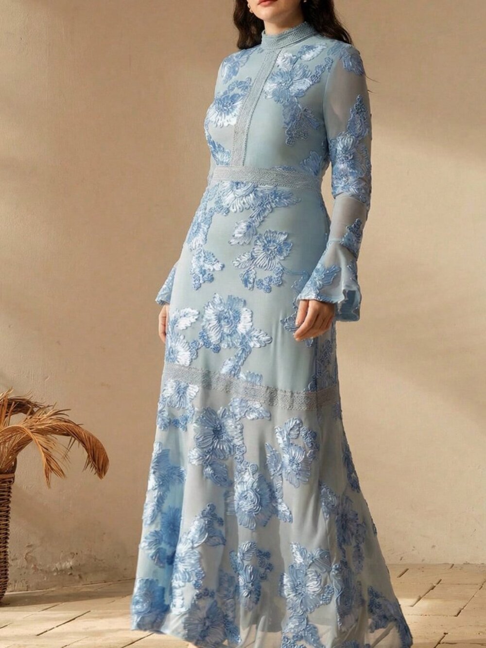 Blue Elegant Women's Flare Sleeve Floral Embroidered Mesh Slim Fit Maxi Dress - Picture 3 of 7
